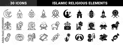 Islamic Religious Iconography Featuring Ramdan Kareem Symbols With Child Prayer Rug Mosque Lantern And Sheep In Linear And Solid Hybrid Style