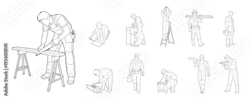 builders create shapes in lines, architectural design style, without background. Construction workers