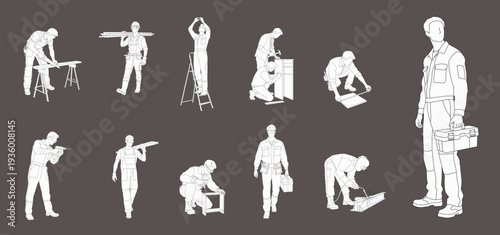 Drawings of construction workers, builders and assemblers, electricians and carpenters