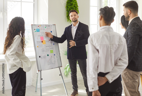 Bilde på lerret Man manager demonstrating something on whiteboard, other colleagues listening to