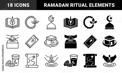 Islamic religious symbols and ritual icons featuring hybrid designs of mosque domes crescent moon prayer rug kaaba pilgrimage and ramadan dates