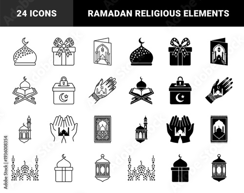 Islamic religious icon set featuring hybrid designs of mosques integrated into hands quran books prayer rugs gift boxes and charity lockboxes