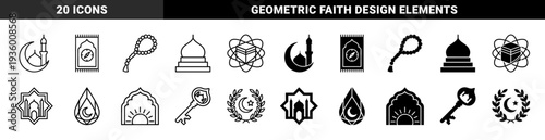 Islamic spiritual hybrid symbols merging traditional religious motifs with geometric shapes including crescent mosque prayer rug beads and kabba
