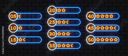 Neon numeric rating bars from 0.5 to 5.0 with glowing stars. Modern design emphasizes score progression and evaluation scale. Great for product reviews, dashboards, or digital platforms.