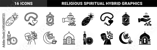 Islamic ramadan hybrid religious symbols combining crescent moon with teapot mosque with keyhole and compass lantern in line and solid style