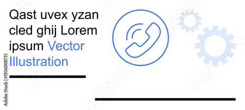 Communication, customer service, technical support, technology, workflow, connectivity. Phone icon in a circle next to abstract gears. Communication and customer service