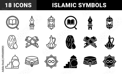 Islamic spiritual symbols merged with modern conceptual metaphors featuring prayer bead book lantern heart and pen tower in dual outline and solid styles
