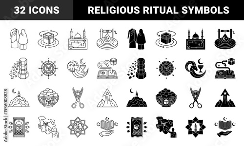 Hajj and Umrah pilgrimage icons featuring hybrid religious symbols like the Kaaba compass and Zamzam well water drop in outline and solid styles