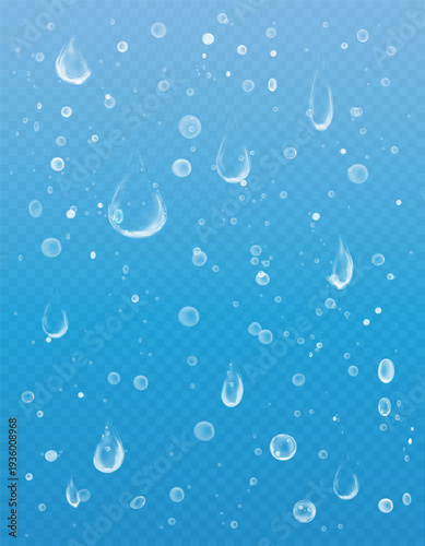 Water drops,bubbles splash isolated on blue background.Vector 3D Realistic transparent liquid droplet with moisture design,weather effect for hydration concept,skincare advertise,freshness background