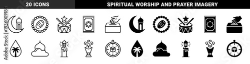 Islamic Religious Iconography Featuring Hybrid Crescent Moon With Minaret Prayer Rug Symbolism And Charity Box Elements In Outline And Solid Style