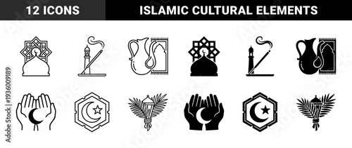 Islamic heritage symbol collection featuring mosque architecture with geometric pattern and crescent moon combined with prayer hands and ritual incense