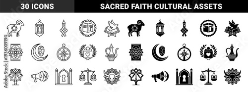 Islamic Religious Symbols Combined with Modern Geometric Elements Featuring Ramadan Lanterns Kaaba Beads Sacrificial Ram and Mosque Architecture