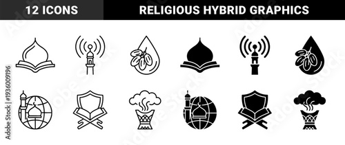 Islamic Religious Hybrid Symbols Combining Mosque Dome With Holy Book Globe Minaret And Dates For Ramadan And Spiritual Communication Design