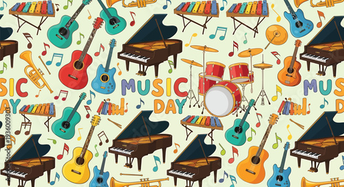 Seamless pattern of musical instruments and music day text vector