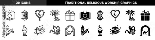 Islamic heritage religious symbols featuring hybrid quran book lantern palm tree date fruit gift box mosque minaret calligraphy pen and kaaba