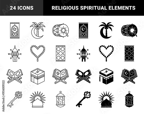 Islamic religious symbols merging traditional faith elements with navigational and celestial motifs featuring dual outline and solid minimalist styles