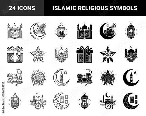 Islamic Ramadan religious symbol set featuring hybrid mosque quran crescent moon lantern and prayer mat designs in black and white line art style