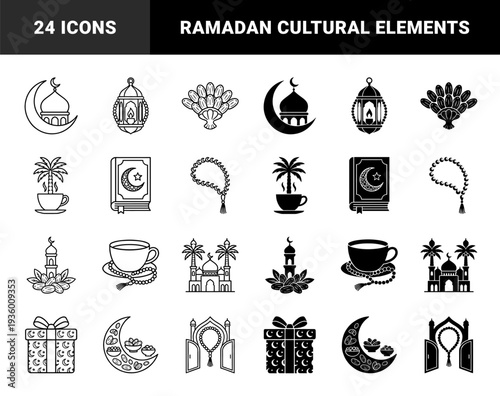 Islamic heritage symbol collection featuring hybrid designs of crescent moon mosque architecture prayer bead rosary and dates fruit in outline and solid styles