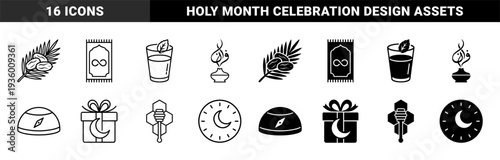 Islamic culture and ramadan tradition hybrid symbols featuring date palm branch prayer rug mint tea incense burner qibla compass and honey hive