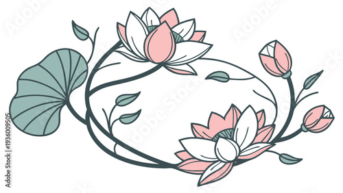Lotus flowers and leaves in a wreath shape floral