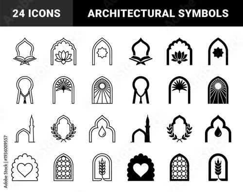 Symmetric architectural arch silhouettes integrated with cultural symbols including lotus flower open book prayer beads and crescent moon in outline and solid styles