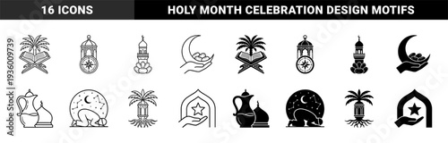 Islamic heritage symbol collection featuring hybrid motifs merging quran with palm tree crescent moon with dates and mosque minaret with ramadan lantern