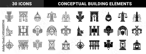Symmetry and metaphor hybrid icons merging architectural elements with conceptual symbols like DNA bridge and hourglass pillars in linear and solid styles