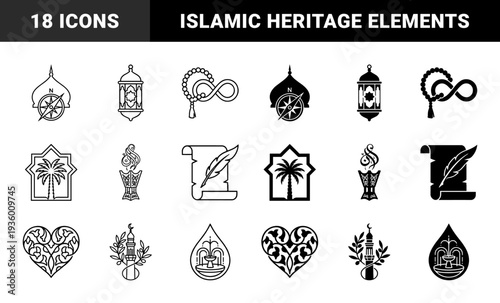 Islamic spirituality and middle eastern cultural heritage symbols featuring hybrid designs of crescent moon minaret lantern compass and infinity prayer bead