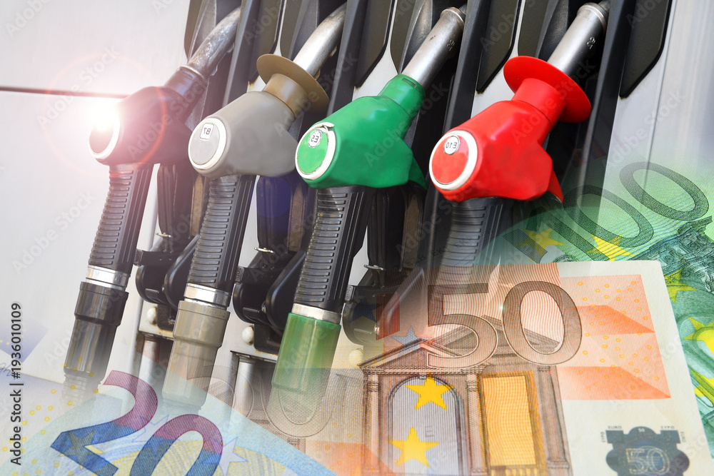 Naklejka premium Gas stations and Euro banknotes. Concept for the rise in gasoline and diesel prices due to the war between the US and Iran.