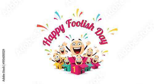 Set of 7 colorful cartoon characters celebrating Happy Fool's Day vector