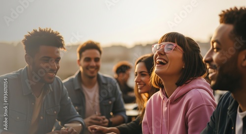 Diverse group of friends laughing together outdoors at sunset