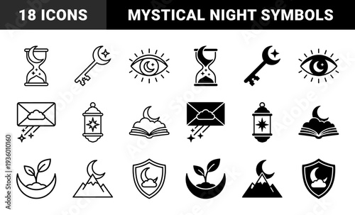 Mystical celestial hybrid symbols merging moon crescent with hourglass key eye envelope lantern book plant mountain shield feather and cup