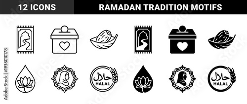 Islamic cultural traditions and Ramadan religious observance elements. Minimalist monoline pictograms featuring dates, prayer beads, incense, and festive symbols.
