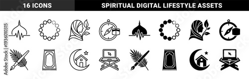 Islamic lifestyle and spiritual wellness symbols merging traditional religious elements with modern digital technology and health metaphors in a hybrid line and solid style