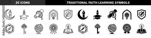 Islamic educational symbols merging traditional motifs with academic elements featuring crescent fountain pen graduation cap minaret and scroll rosary