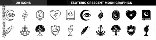 Mystical celestial hybrid symbols featuring crescent moon integrations with an eye leaf crystal heart book feather anchor tree shield and chalice