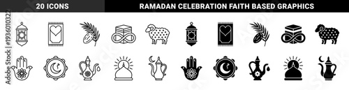 Islamic cultural symbol set featuring hybrid motifs like kaaba infinity sign sheep with stars hamsa moon and mosque dome sun in outline and solid styles