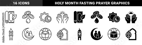 Islamic religious symbols and Ramadan traditions featuring prayer rug with leaf dates with water drop and crescent moon with family silhouette
