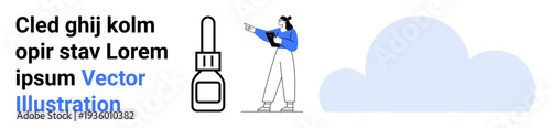 Female holding tablet and pointing at dropper icon, accompanied by cloud shape. Ideal for technology, data analysis, healthcare, innovation, education, science, simple landing page