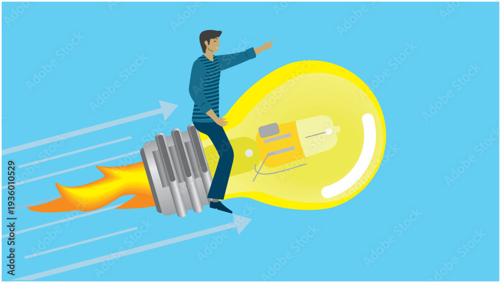 Fototapeta premium Man flying on light bulb rocket. Dimension 16:9. Vector illustration.
