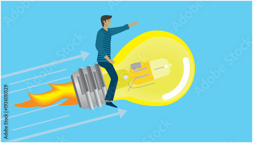 Man flying on light bulb rocket. Dimension 16:9. Vector illustration.