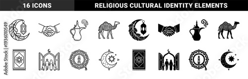Islamic heritage symbol collection featuring crescent moon dates handshake calligraphy coffee pot camel prayer rug family mosque and prayer beads in dual linear and solid styles
