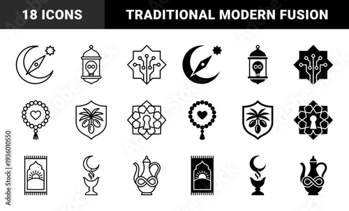 Islamic cultural heritage and religious observance elements. Minimalist monoline illustrations featuring mosque architecture, ramadan lantern, and pilgrimage symbols.