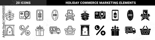 Islamic e-commerce and Ramadan retail hybrid symbols featuring date fruit barcodes credit card prayer beads and delivery truck moon mosque motifs