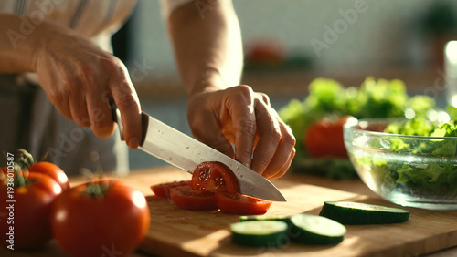 Close up of hands slicing a fresh tomato on a wooden cutting board. Authentic kitchen photography for cooking lessons, healthy meal prep, and food blogs.