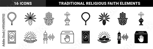 Islamic tradition symbols and ritual objects featuring prayer beads hamsa hand incense burner prayer rug dates and mosque minaret audio wave