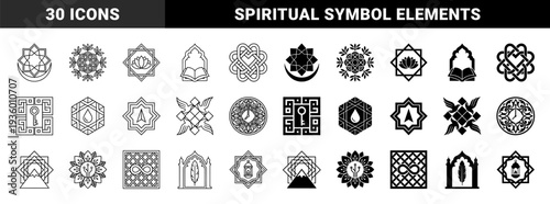 Symmetric geometric symbols merging middle eastern architecture with organic elements featuring crescent moon stars lotus flowers and spiritual motifs