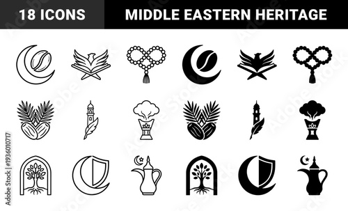 Islamic heritage hybrid symbols combining crescent moon with coffee bean and shield motifs alongside minaret quill and palm date tree designs