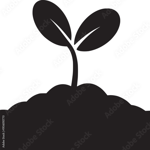 A simple black and white illustration of a seedling growing out of a mound of soil or earth