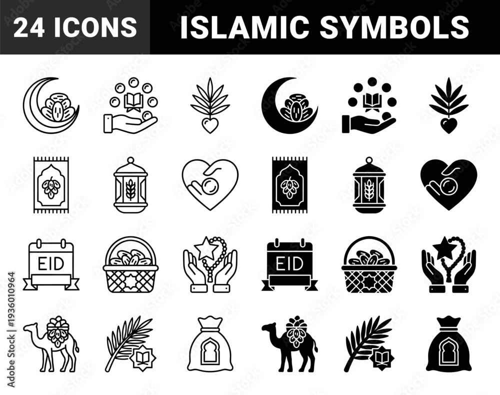 Fototapeta premium Islamic Religious Symbols Combined with Traditional Elements Featuring Date Palm Fruit Crescent Moon Lantern Prayer Rug and Charity Bag